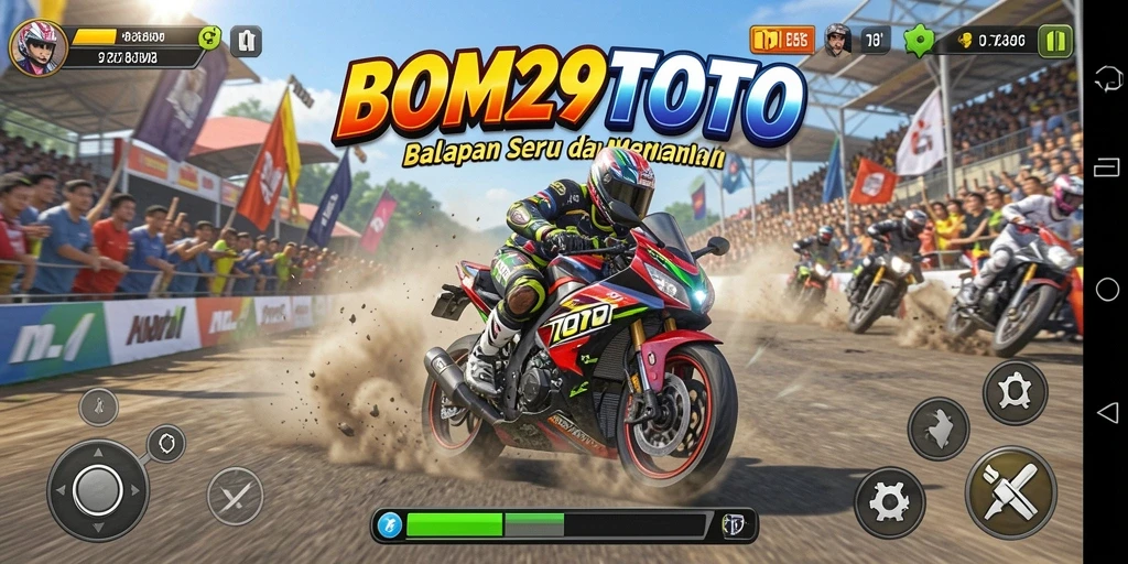 Screenshot dari gameplay seru di BOM29TOTO dengan balapan motor.