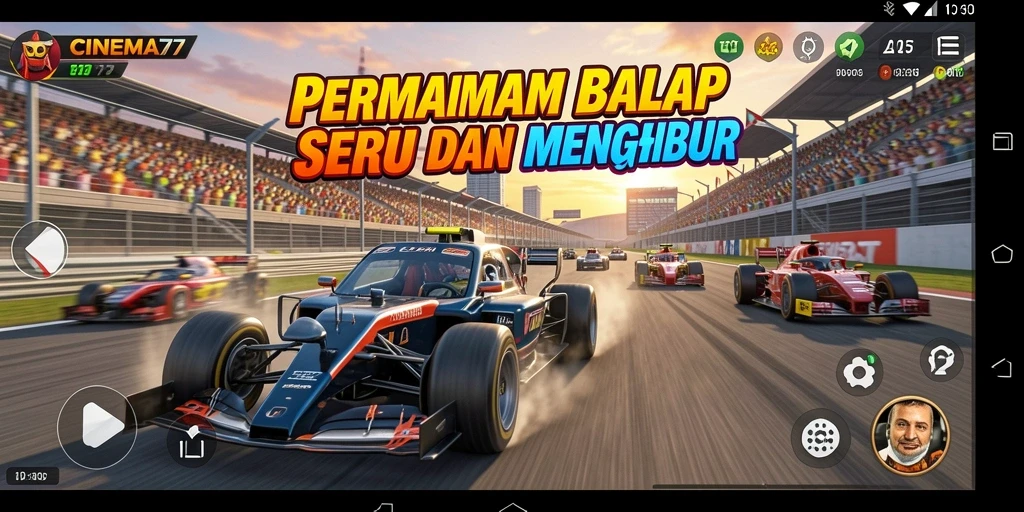 Screenshot dari gameplay CINEMA77 yang menampilkan mobil balap melintasi trek.