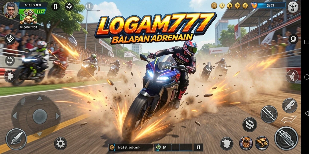 Tampilan utama gameplay LOGAM777 menampilkan balapan motor yang seru.