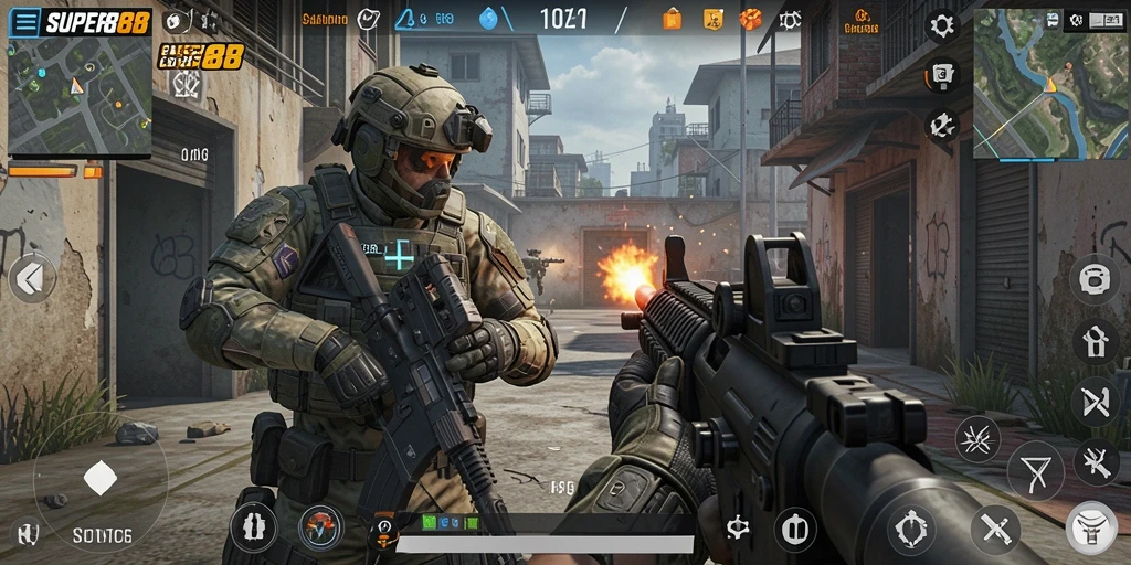 Gameplay intens dalam pertempuran FPS SUPER88.