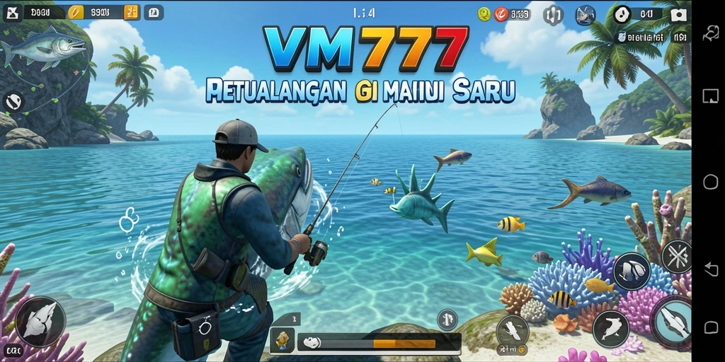 Screenshot gameplay VM777 yang menunjukkan momen menangkap ikan besar.