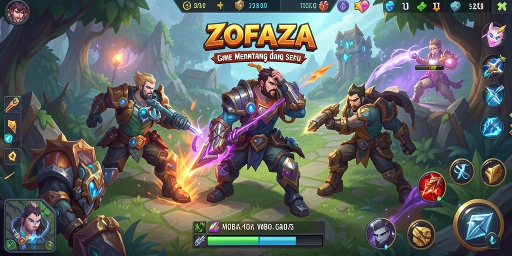 Tampilan gameplay ZOFAZA dengan karakter bertarung di arena.
